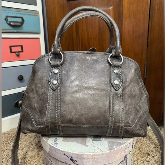 Frye Melissa Dome Satchel Gray Leather Crossbody Handbag - Picture 1 of 14
